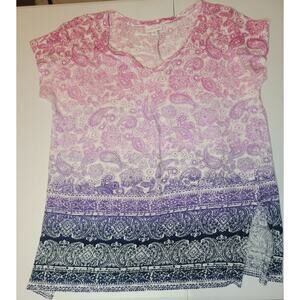 J. Jill Love Linen TShirt Top Women's M Paisley Floral Short Sleeve Hippie Boho